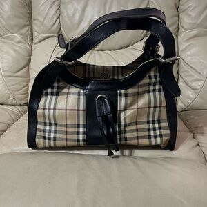 Burberry Brown/Beige Haymarket PVC and Leather Kensington Baguette Bag